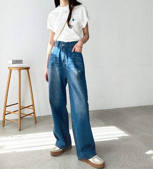 GeeRA（ジーラ）の「美脚見え！２ボタンウエストワイドデニムパンツ（フルレングスパンツ）」｜詳細画像