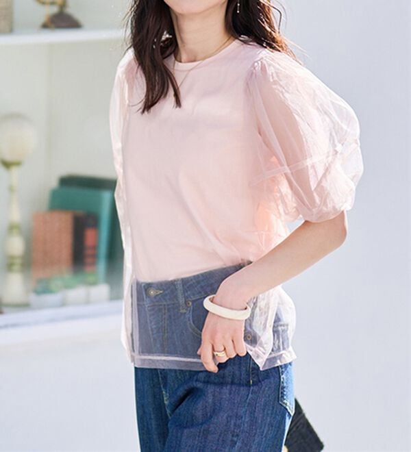 RANAN（ラナン）の「【ひんやり】チュールレイヤードパフスリーブTシャツ（カットソー）」｜詳細画像