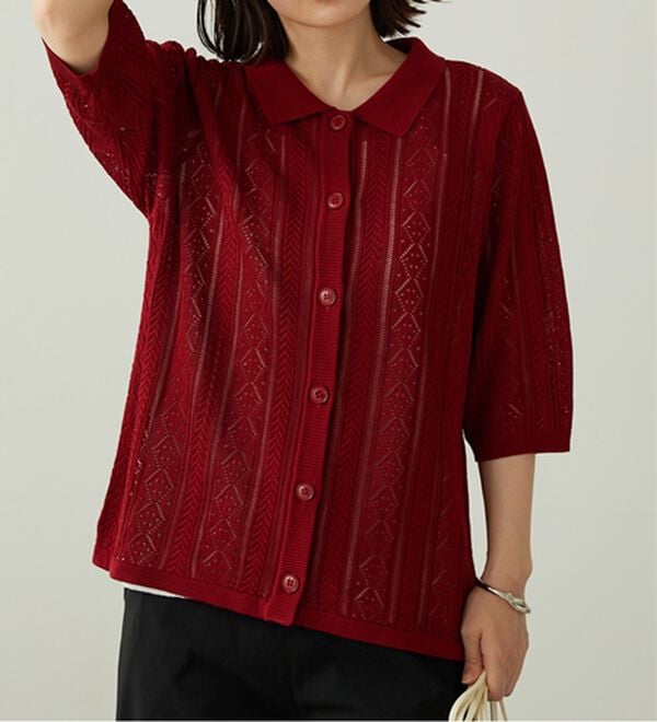 BELLUNA（ベルーナ）の「衿付き透かし編みニットカーディガン（ニットカーディガン）」｜詳細画像