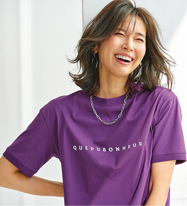 BELLUNA（ベルーナ）の「ヒンヤリ！綿１００％大人顔サマ見えＴシャツ（Tシャツ）」｜パープル(ロゴ)