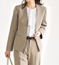 【RENA RANGE】ノーカラージャケット L ポケット ベージュ グレージュ SL】【秋冬】ホック留めノーカラージャケット/グレー/RE:NEWOOL