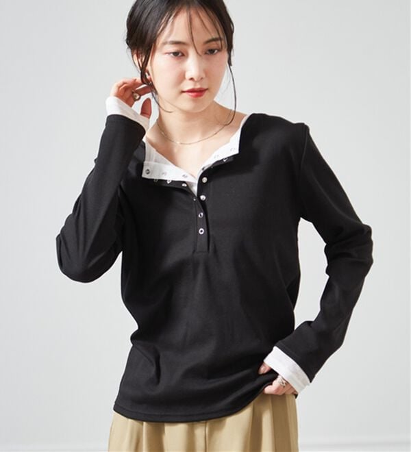 RANAN（ラナン）の「レイヤードヘンリーネックリブTシャツ（カットソー）」｜ブラック系