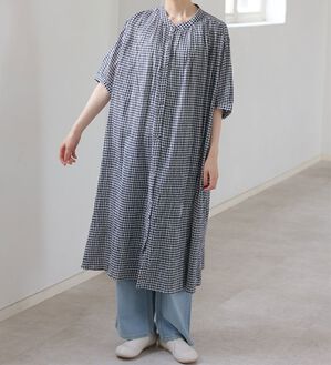 A HAPPY MARILYN（アハッピーマリリン）の「【Ｌ～６Ｌ】【風通るプレミアム】綿１００％ 楊柳 五分袖 ギャザーたっぷりワンピース（カットソーワンピース）」｜ギンガム