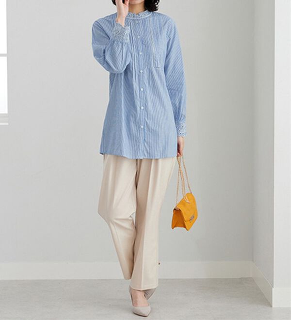 BELLUNA（ベルーナ）の「上品に着映える！衿＆袖レース切替シャツチュニック（チュニック）」｜詳細画像