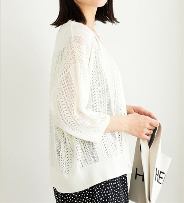 BELLUNA（ベルーナ）の「麻タッチ透かし編５分袖ニットカーディガン（ニットカーディガン）」｜詳細画像