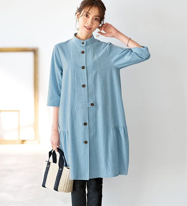 BELLUNA（ベルーナ）の「体型隠してモダンに着こなすストライプ切替コクーンチュニック（チュニックワンピース）」｜ブルー系