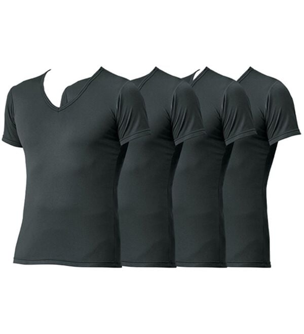 「【４枚組】抗菌防臭・マイクロファイバー裏起毛あったかインナー４枚組（シャツ）　半袖Ｖ首（メンズ肌着・インナーウェア）」｜チャコール4枚組