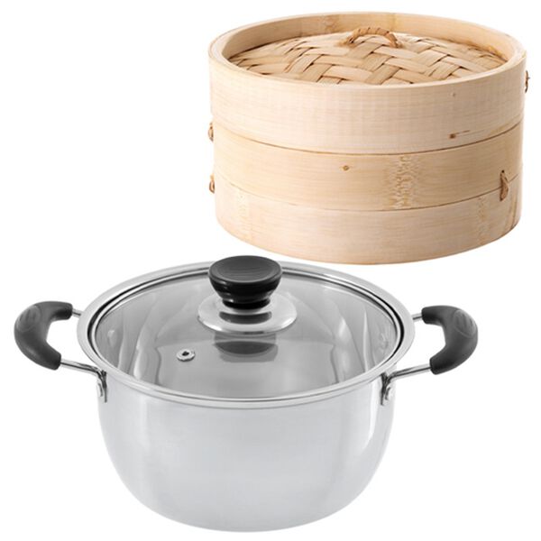 「せいろ・ガラスフタ付！ステンレス鍋セット（調理器具）」｜詳細画像