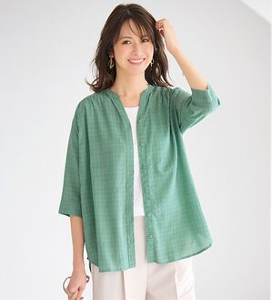 BELLUNA（ベルーナ）の「ふんわりシャドーチェック素材シャツ（シャツ）」｜グリーン
