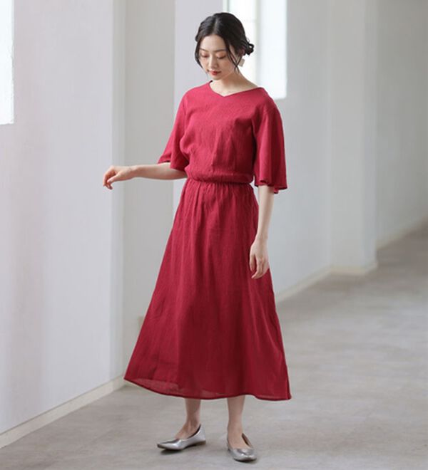 A HAPPY MARILYN（アハッピーマリリン）の「風通る 綿 楊柳 フレア袖 ウエストゴム ワンピース（カットソーワンピース）」｜詳細画像