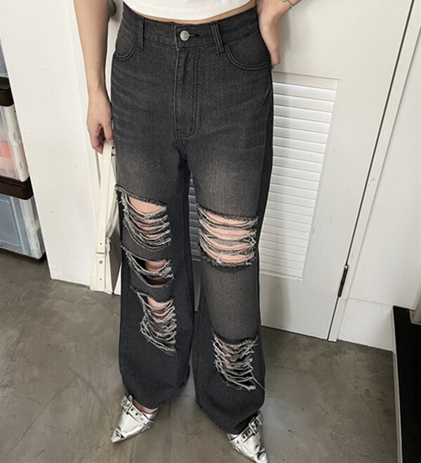 GeeRA（ジーラ）の「オリジナルパットダメージワイドデニム（ワイドパンツ・ガウチョ）」｜詳細画像