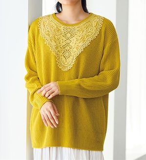BELLUNA（ベルーナ）の「配色レースあぜ編ニット（ニット・セーター）」｜イエロー