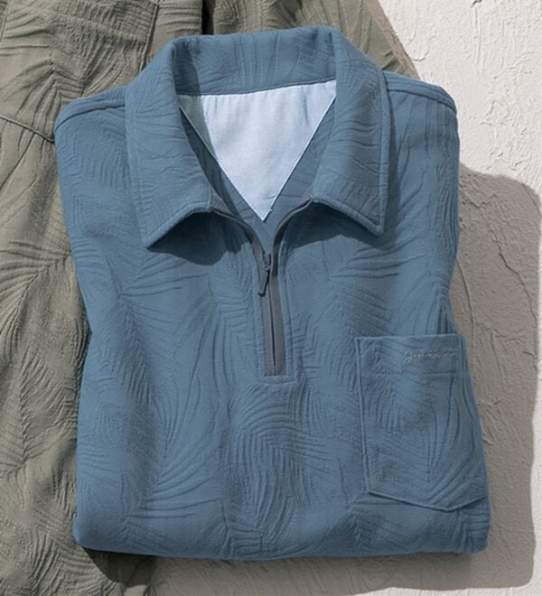 「＜コムルヴァン・オム・ゴルフ＞ジャカードデザインジップポロシャツ（メンズポロシャツ）」｜ブルー