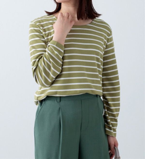 BELLUNA（ベルーナ）の「柔らかポンチ素材ボーダープルオーバー（カットソー）」｜ライム&times;オフ白