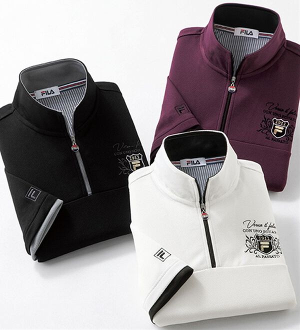 「【３色組】＜フィラ＞エレガント刺しゅうジップハイネック（メンズニット・セーター）」｜３色組