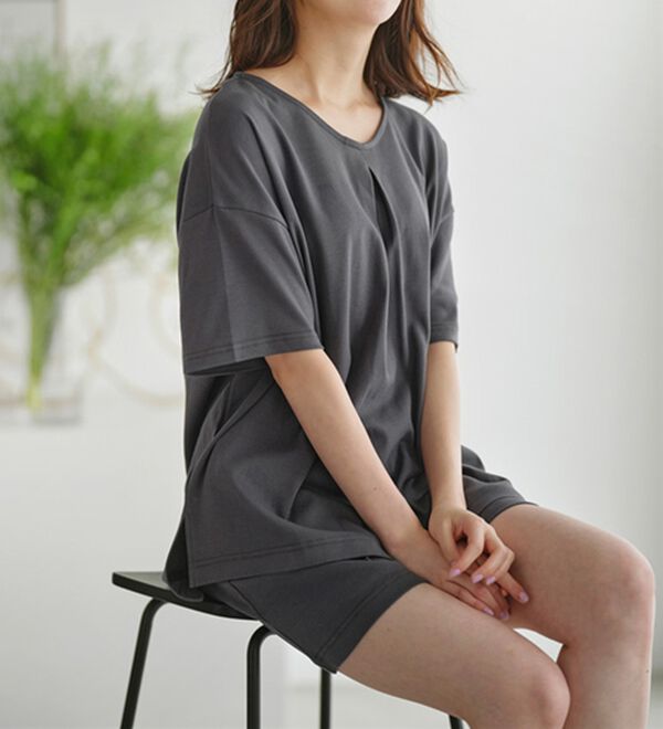 YU'NOW（ユナウ）の「【上下２点セット】コットン１００％シルケットスムースショートパンツセット（パジャマ・ルームウェア）」｜詳細画像