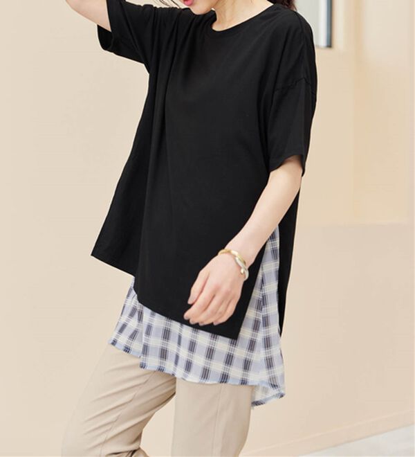 RANAN（ラナン）の「チェック柄異素材使いTシャツ（カットソー）」｜詳細画像