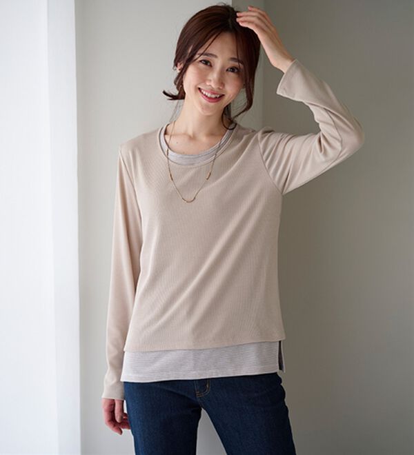 BELLUNA（ベルーナ）の「ボーダーレイヤード風デザインプルオーバー（カットソー）」｜詳細画像