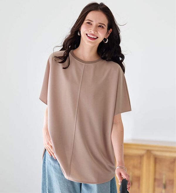 BELLUNA（ベルーナ）の「Ｔシャツ感覚なのにきちんとブラウス見え！カットジョーゼット半袖プルオーバー（カットソー）」｜ピンクベージュ