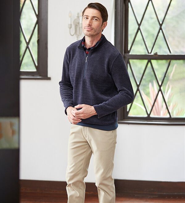 「裏ベロアのお洒落なダブル衿ハーフジップトレーナー（メンズカットソー）」｜詳細画像