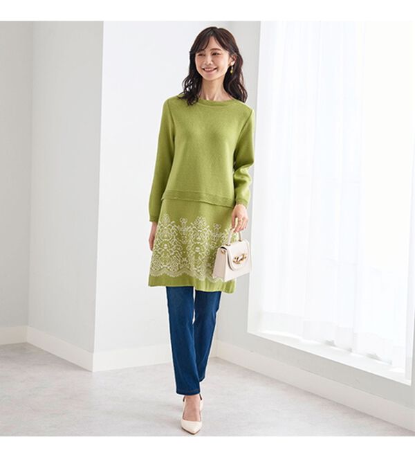 BELLUNA（ベルーナ）の「レース柄ジャカード切替ニットチュニック（チュニック）」｜詳細画像