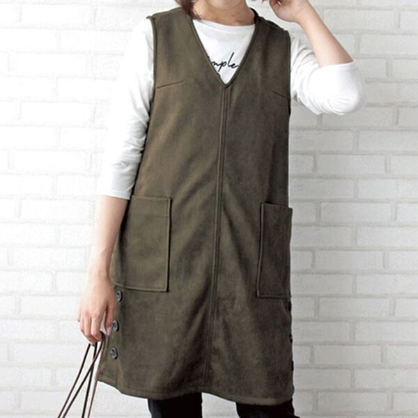 BELLUNA（ベルーナ）の「スエード調素材ボタン使いジャンパードレス（チュニック）」｜カーキ