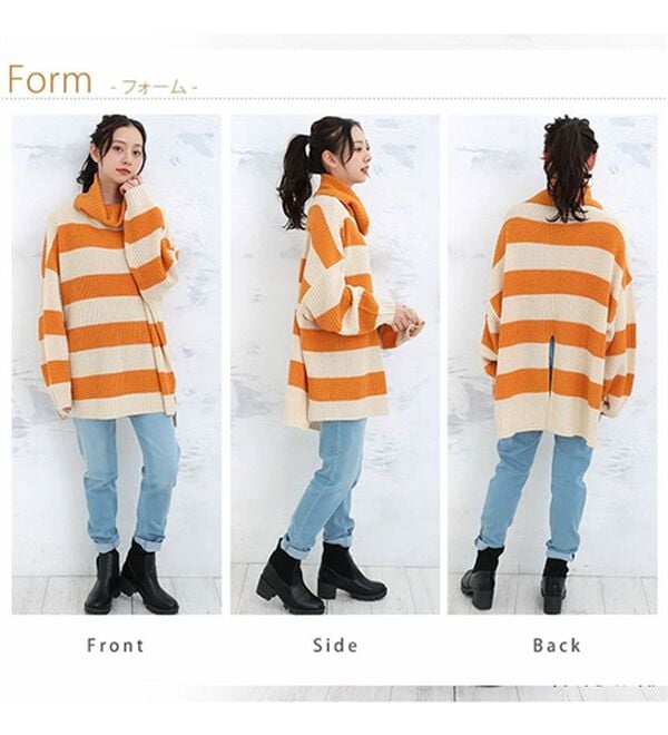 「【ＬＬ～４Ｌ】オフタートルワイドボーダーニットプルオーバー（ニット・セーター）」｜詳細画像