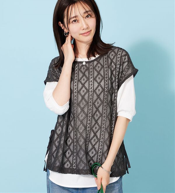 BELLUNA（ベルーナ）の「ラッセルレースサイドリボンアンサンブル（アンサンブル）」｜チャコール