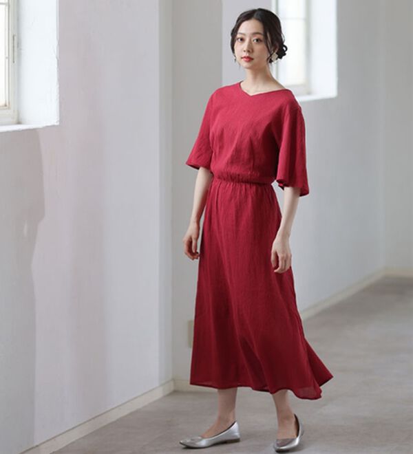 A HAPPY MARILYN（アハッピーマリリン）の「風通る 綿 楊柳 フレア袖 ウエストゴム ワンピース（カットソーワンピース）」｜詳細画像