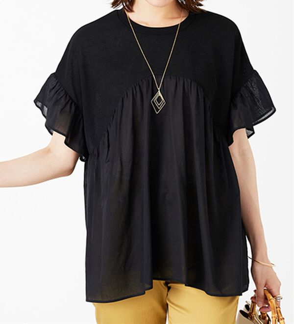 BELLUNA（ベルーナ）の「【Ｌａｇｒｉｌｕａ】異素材使いギャザーチュニック（カットソー）」｜詳細画像