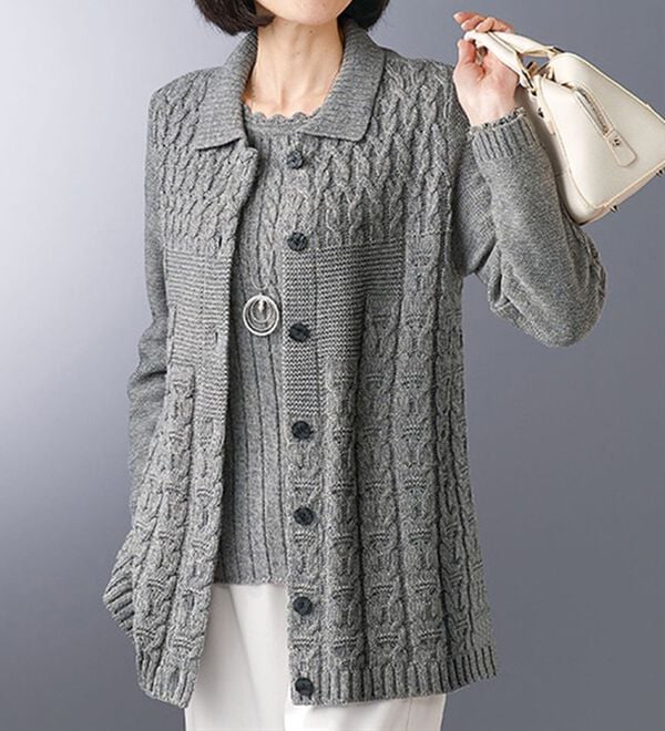 BELLUNA（ベルーナ）の「杢調編地変化ニットジャケットアンサンブル（ニットカーディガン）」｜詳細画像