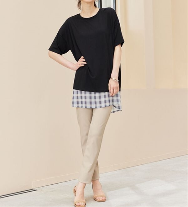 RANAN（ラナン）の「チェック柄異素材使いTシャツ（カットソー）」｜詳細画像