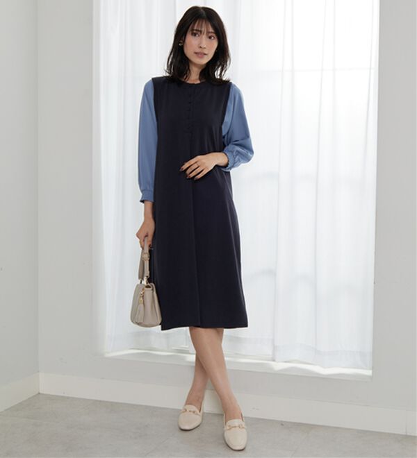 BELLUNA（ベルーナ）の「ヘンリーネック袖切替デザインワンピース（その他ワンピース）」｜詳細画像