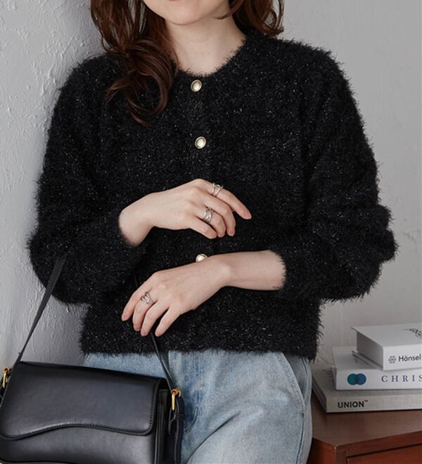 RANAN（ラナン）の「ゴールド調ボタンラメシャギーカーディガン（ニットカーディガン）」｜詳細画像