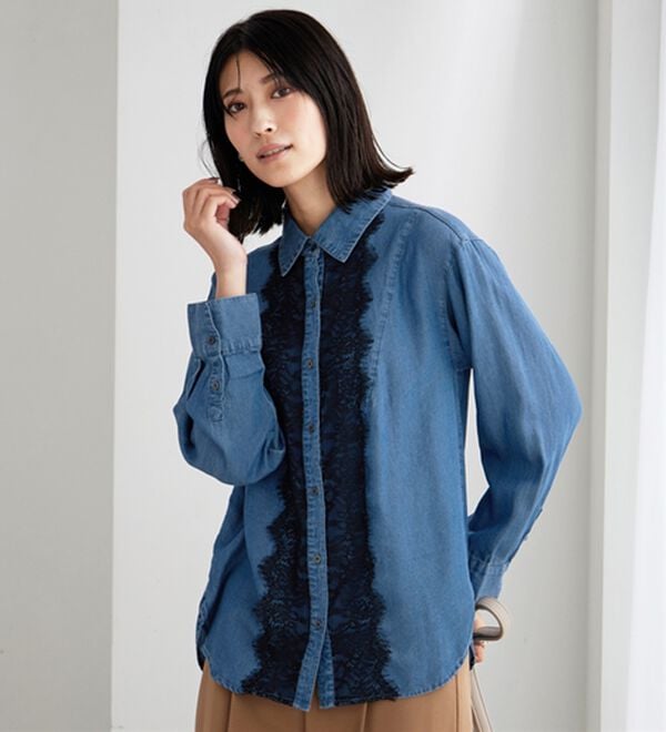 BELLUNA（ベルーナ）の「デニム素材レース使いシャツチュニック（チュニック）」｜詳細画像