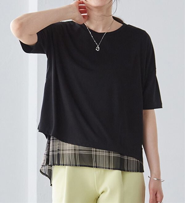 RANAN（ラナン）の「チェック柄異素材使いTシャツ（カットソー）」｜詳細画像