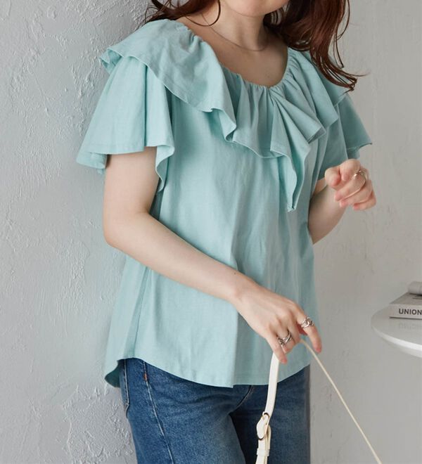 RANAN（ラナン）の「ひんやり！綿１００％フリル衿カットソープルオーバー（カットソー）」｜詳細画像