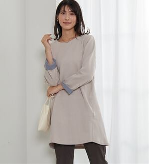 BELLUNA（ベルーナ）の「後ろボタンボーダージャカードワンピース（その他ワンピース）」｜グレージュ