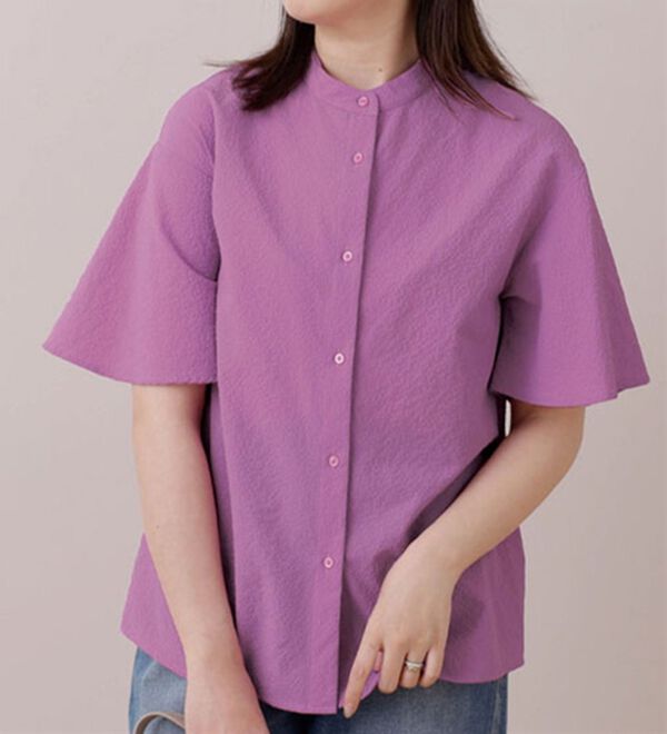 BELLUNA（ベルーナ）の「サッカー素材袖デザインブラウス（ブラウス）」｜ピンク