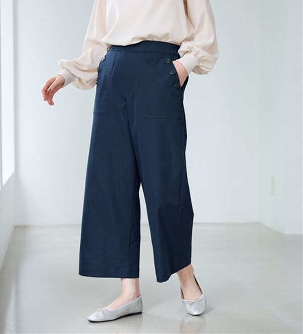 BELLUNA（ベルーナ）の「【快適Ｌａｂ．】サラもち！快適ビンテージ調素材ボタン使いワイドパンツ（ワイドパンツ・ガウチョ）」｜詳細画像
