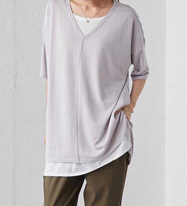 RANAN（ラナン）の「レイヤード風ニットソー半袖チュニック（チュニック）」｜詳細画像