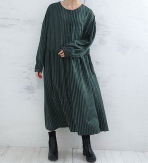 A HAPPY MARILYN（アハッピーマリリン）の「【ＬＬ～６Ｌ】「ゆとりＭＡＲＩＬＹＮ」ストライプ前開きシャツワンピース（シャツワンピース）」｜グリーン