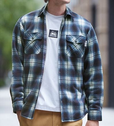 「＜ファースト　ダウン＞伸び暖裏ボアチェックシャツ（メンズシャツ）」