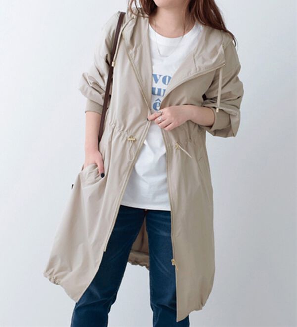 BELLUNA（ベルーナ）の「袖リブ使いロング丈パーカー（ロングコート）」｜オフベージュ