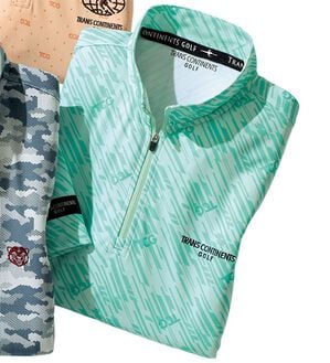 「＜トランスコンチネンツゴルフ＞ドライプリントハーフジップ（メンズＴシャツ）」｜グリーン幾何柄