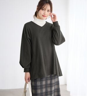 alotta（アロッタ）の「ふんわりリブニットソーＡラインチュニック（チュニック）」｜チャコール
