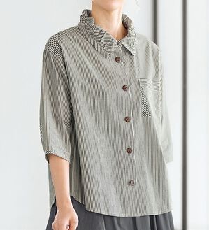 BELLUNA（ベルーナ）の「スカートに合わせるストライプギャザー衿ブラウス（シャツ）」｜詳細画像