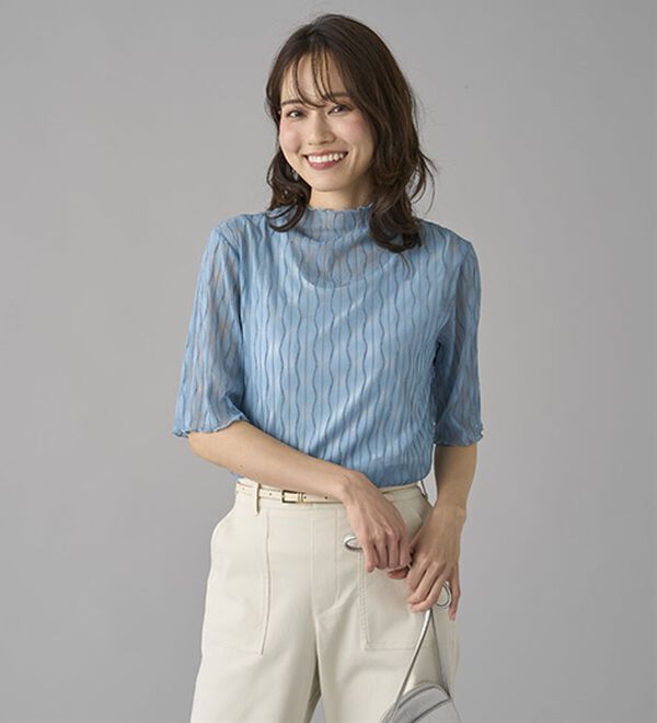BELLUNA（ベルーナ）の「【５分袖】波柄立体ジャカードシアーインナー（カットソー）」｜詳細画像