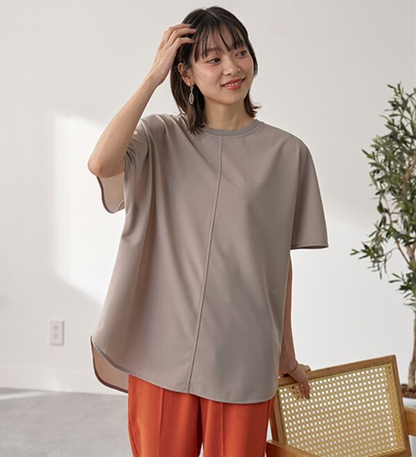 BELLUNA（ベルーナ）の「Ｔシャツ感覚なのにきちんとブラウス見え！カットジョーゼット半袖プルオーバー（カットソー）」｜詳細画像