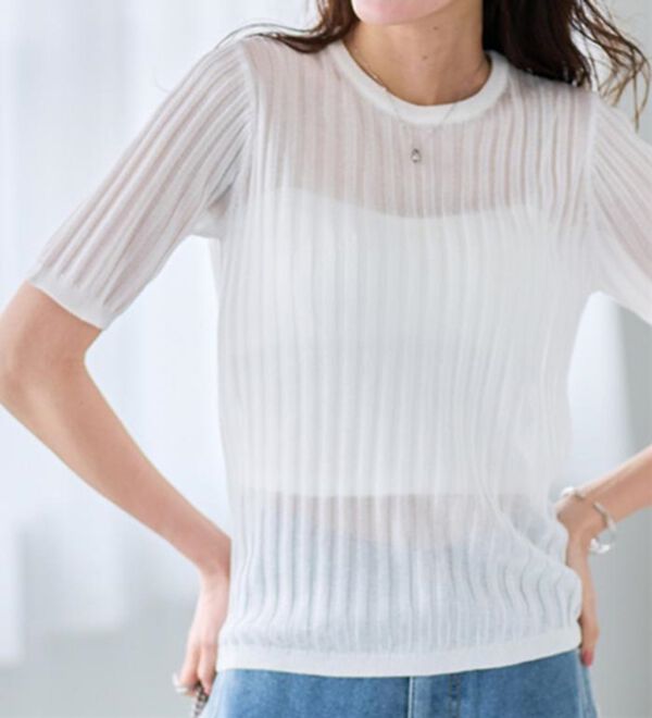RANAN（ラナン）の「5分袖シアーラメリブニット（ニット・セーター）」｜詳細画像